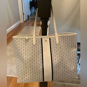 Tory Burch white canvas tote - navy stripes